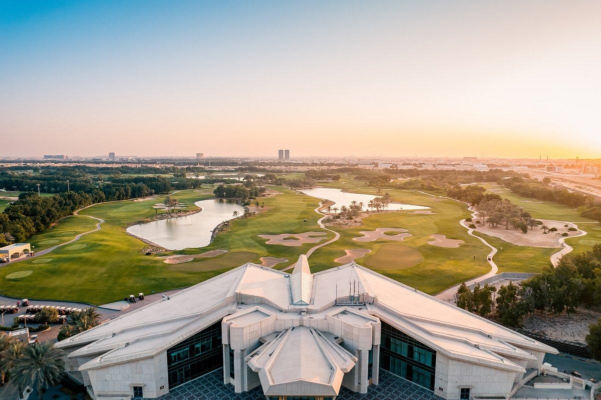 Palm Jumeirah and coastline golf resort aerial view