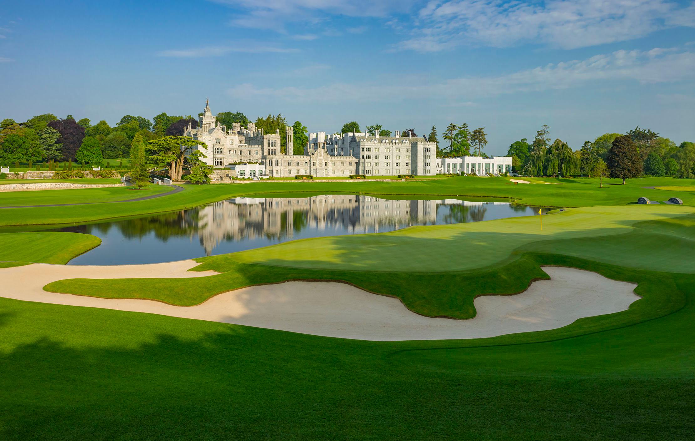 Reflective pond beside the manor and golf greens.