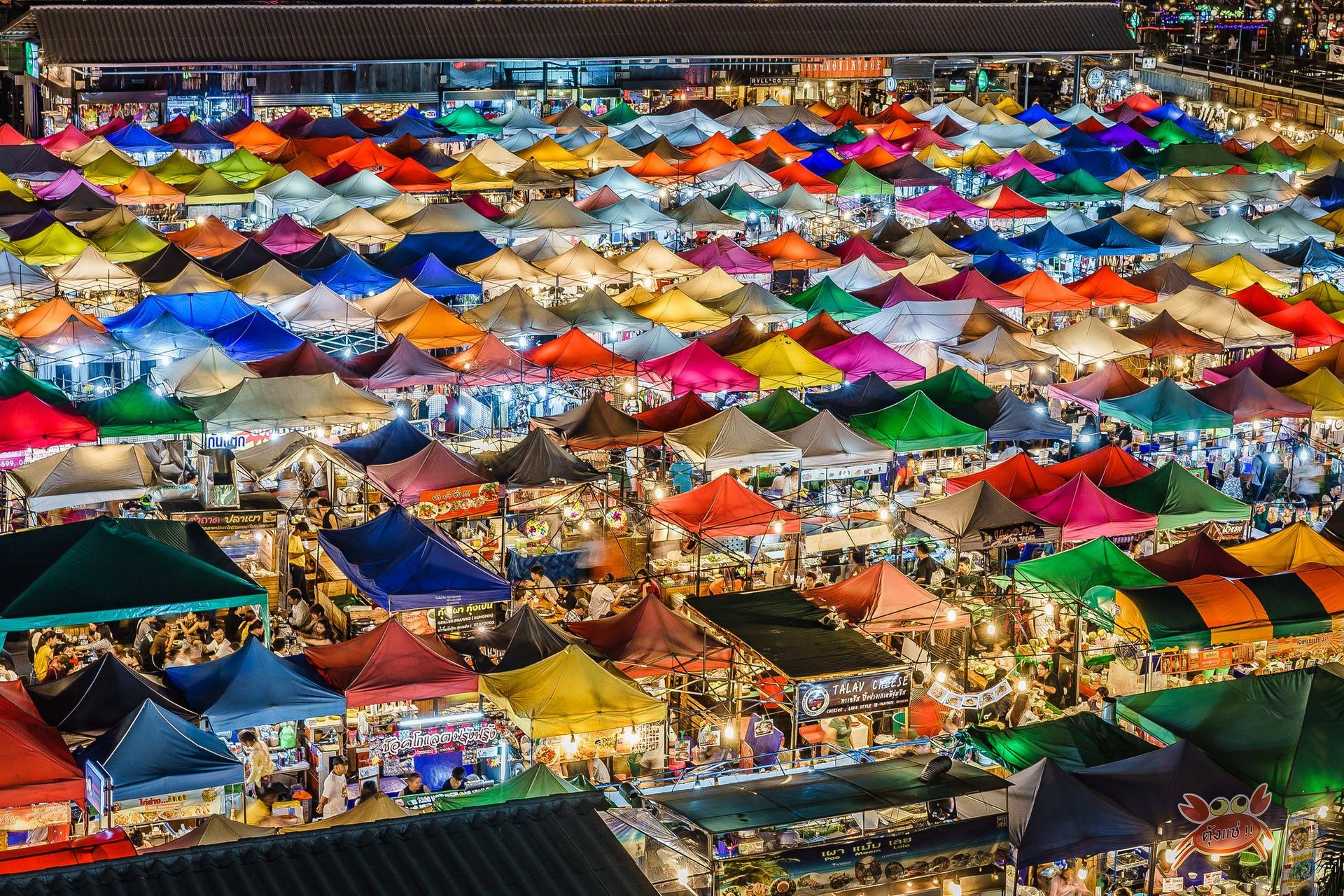 Overhead view of a night market in Bangkok