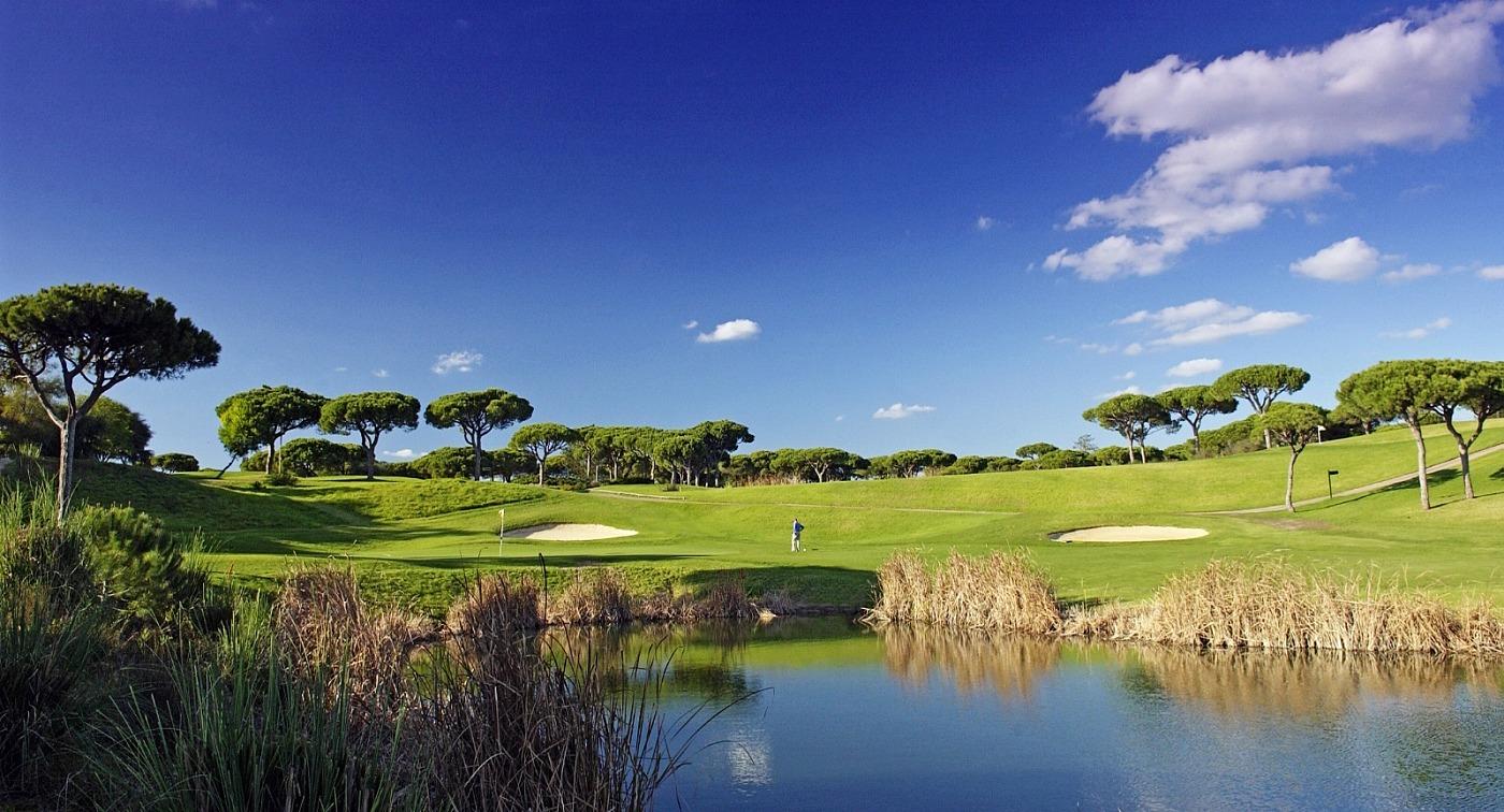 A golfer on a smooth green surrounded by sand bunkers
