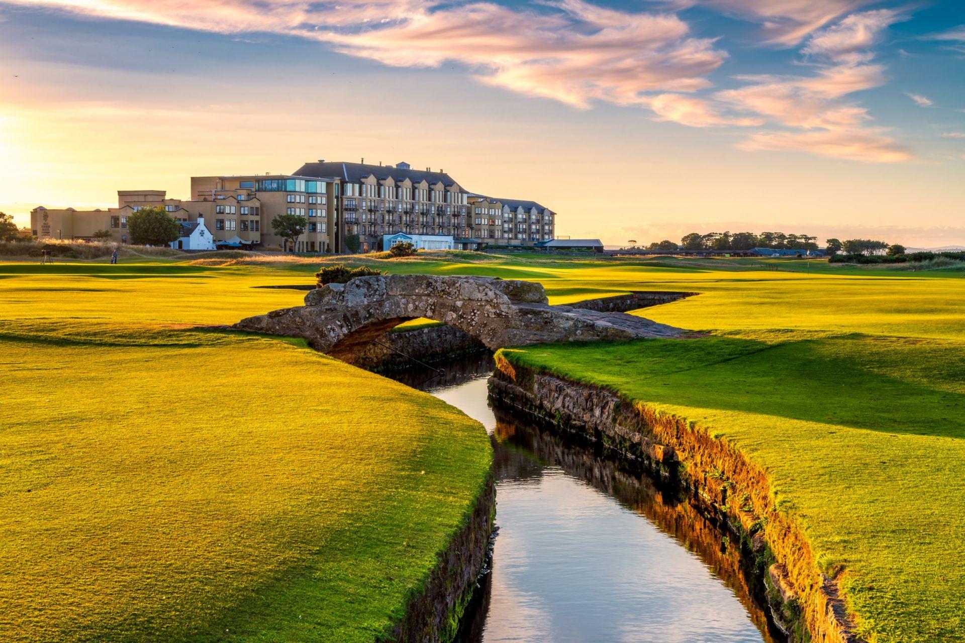 The Swilcan Bridge in the foreground with the Old Course Hotel behind