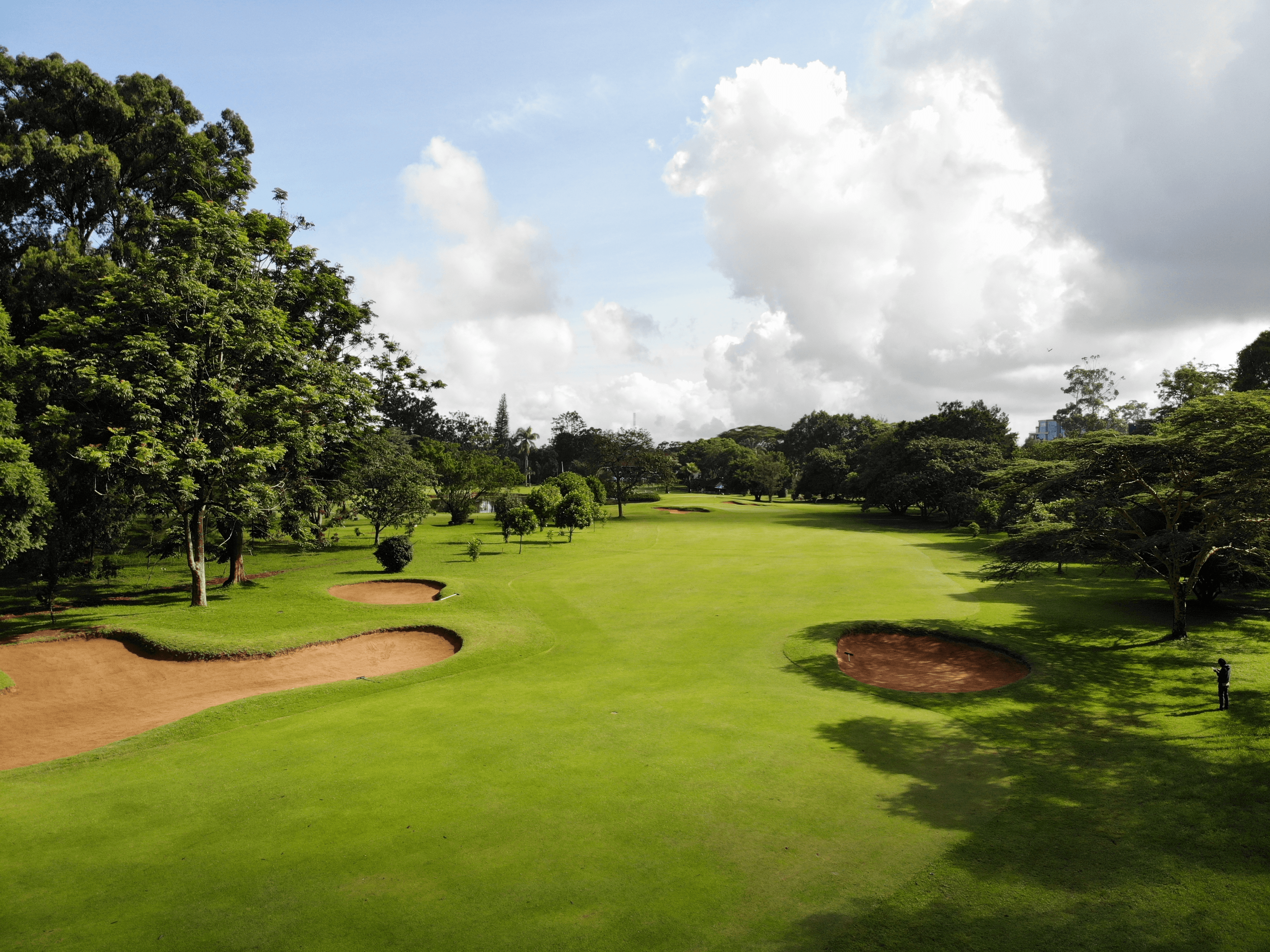 Overhead view of a wide fairway nestled with sand bunkers