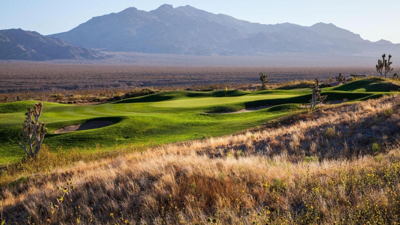 A scenic golf hole surrounded by desert vegetation and rugged mountains.