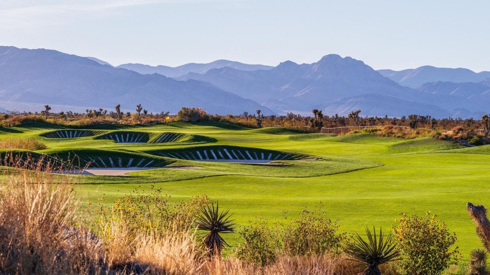 Deep sand bunkers placed around the fairway leading to a well maintained green