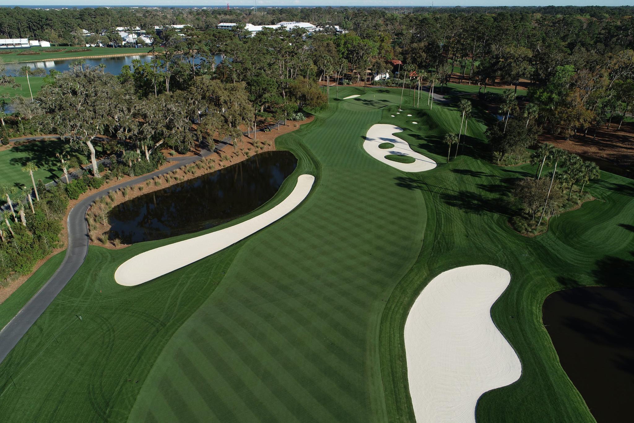 Birdseye view of The Players Stadium Course with its large sand bunkers and wide fairways