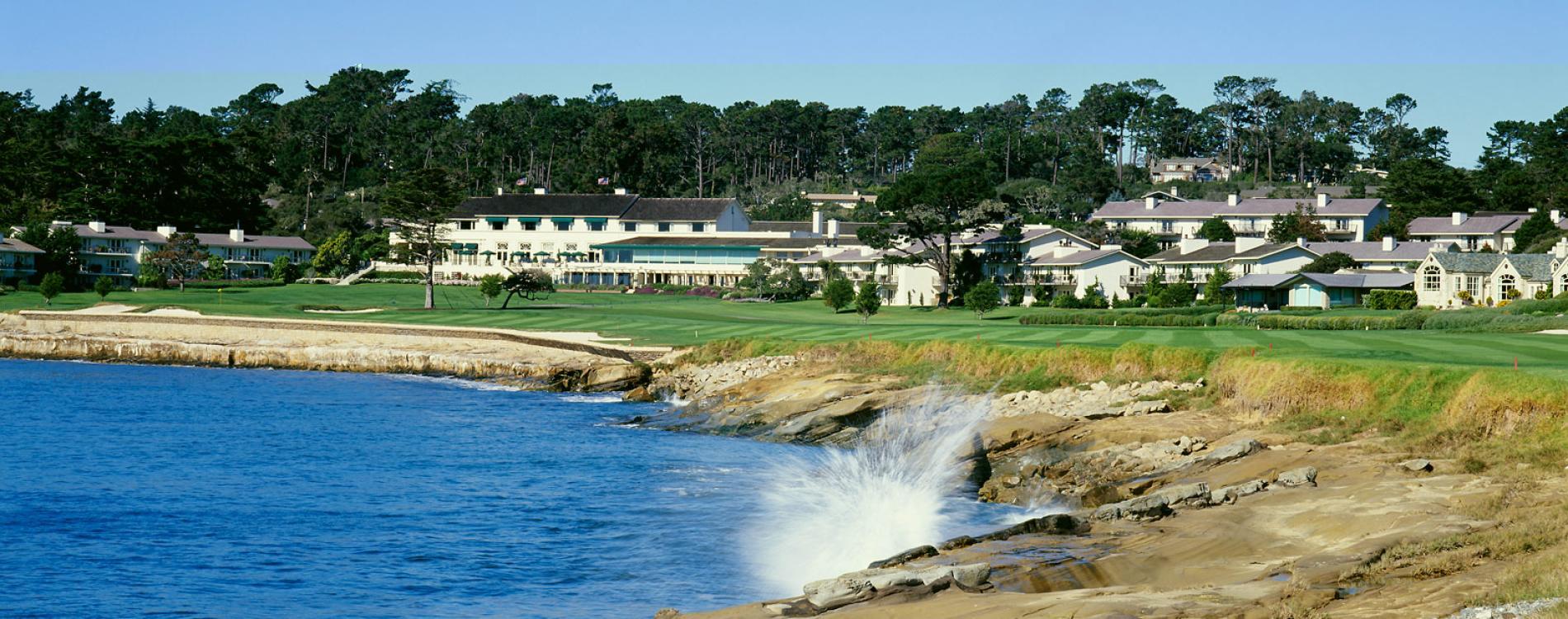 Panoramic view of waves crashing into the coast which The Lodge's golf course runs along