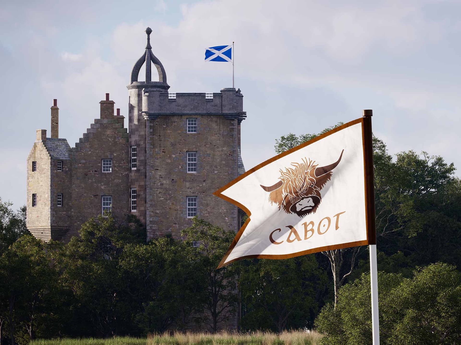 The Cabot Highlands logo flagstick being overlooked by the hotel