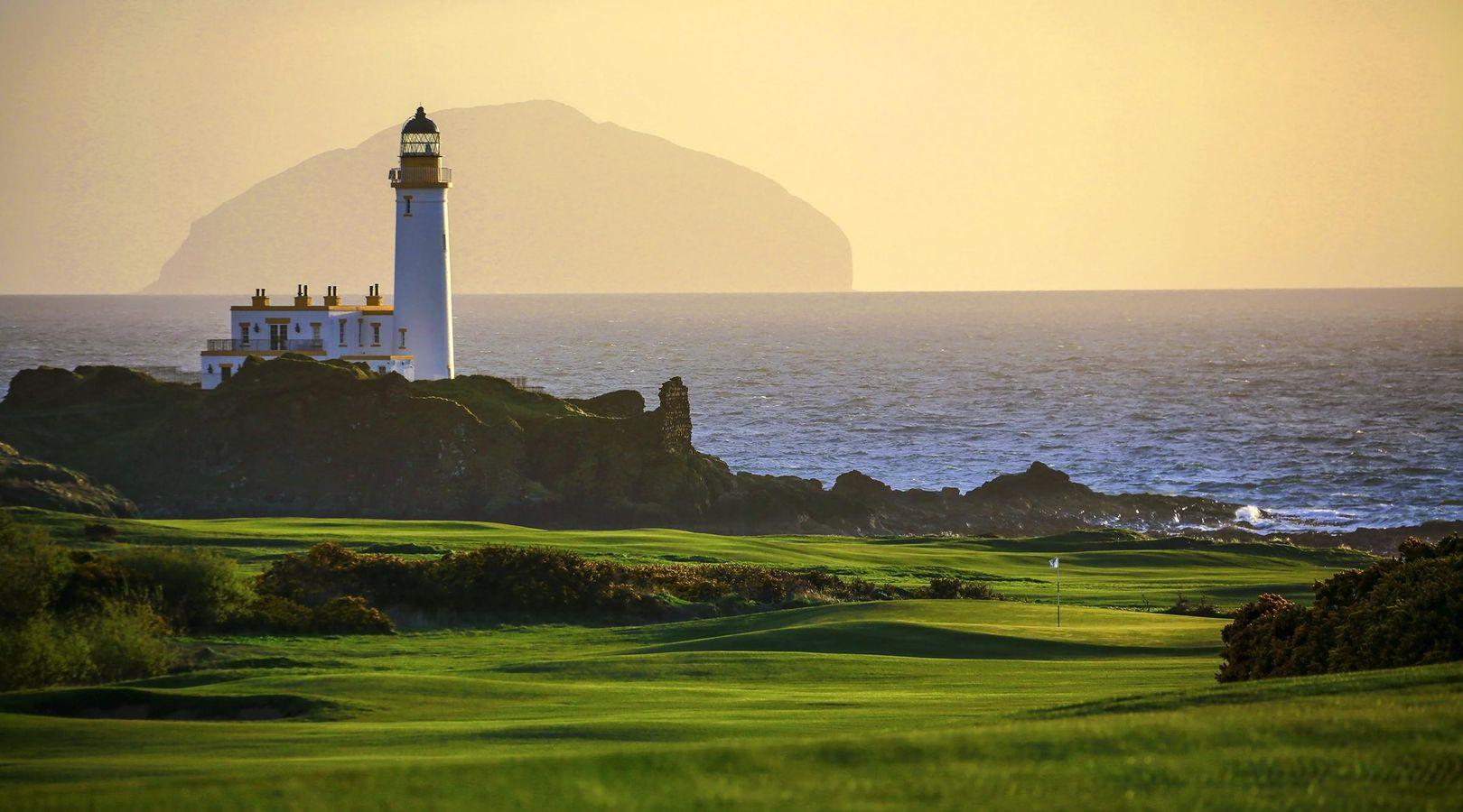 Lighthouse overlooking the well-maintained greens and sea views at the Bruce Course