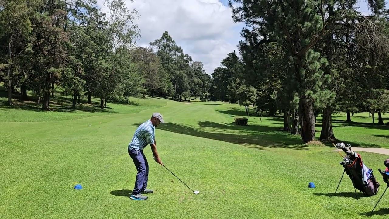 A golfer lining up a drive on a fairway surrounded by lush trees
