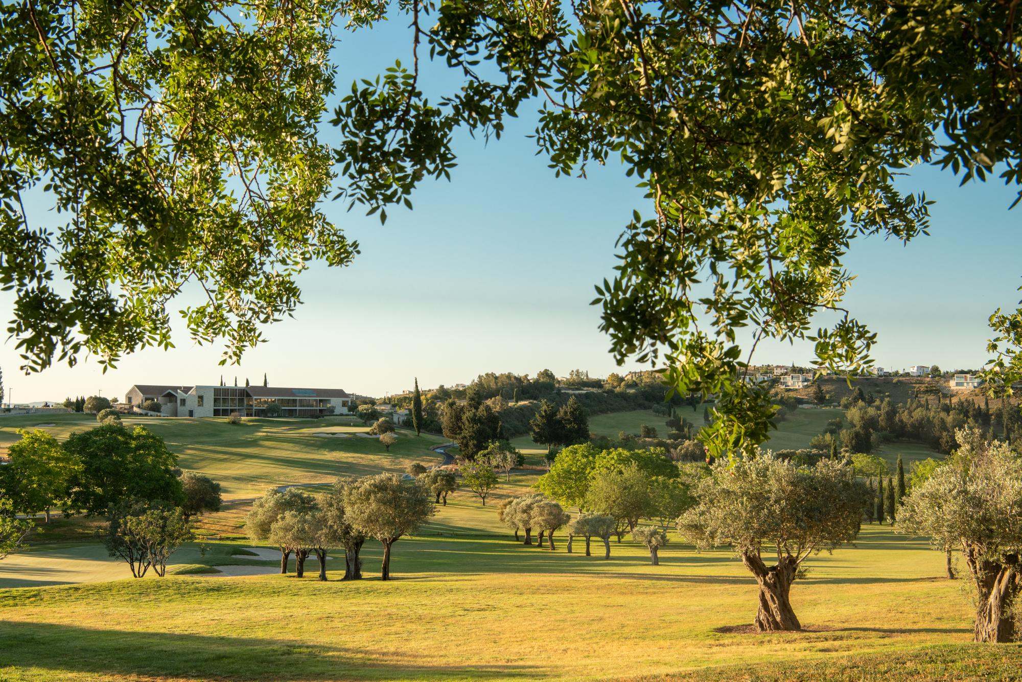 Clubhouse framed by trees, sitting above wide, open fairways with natural beauty.