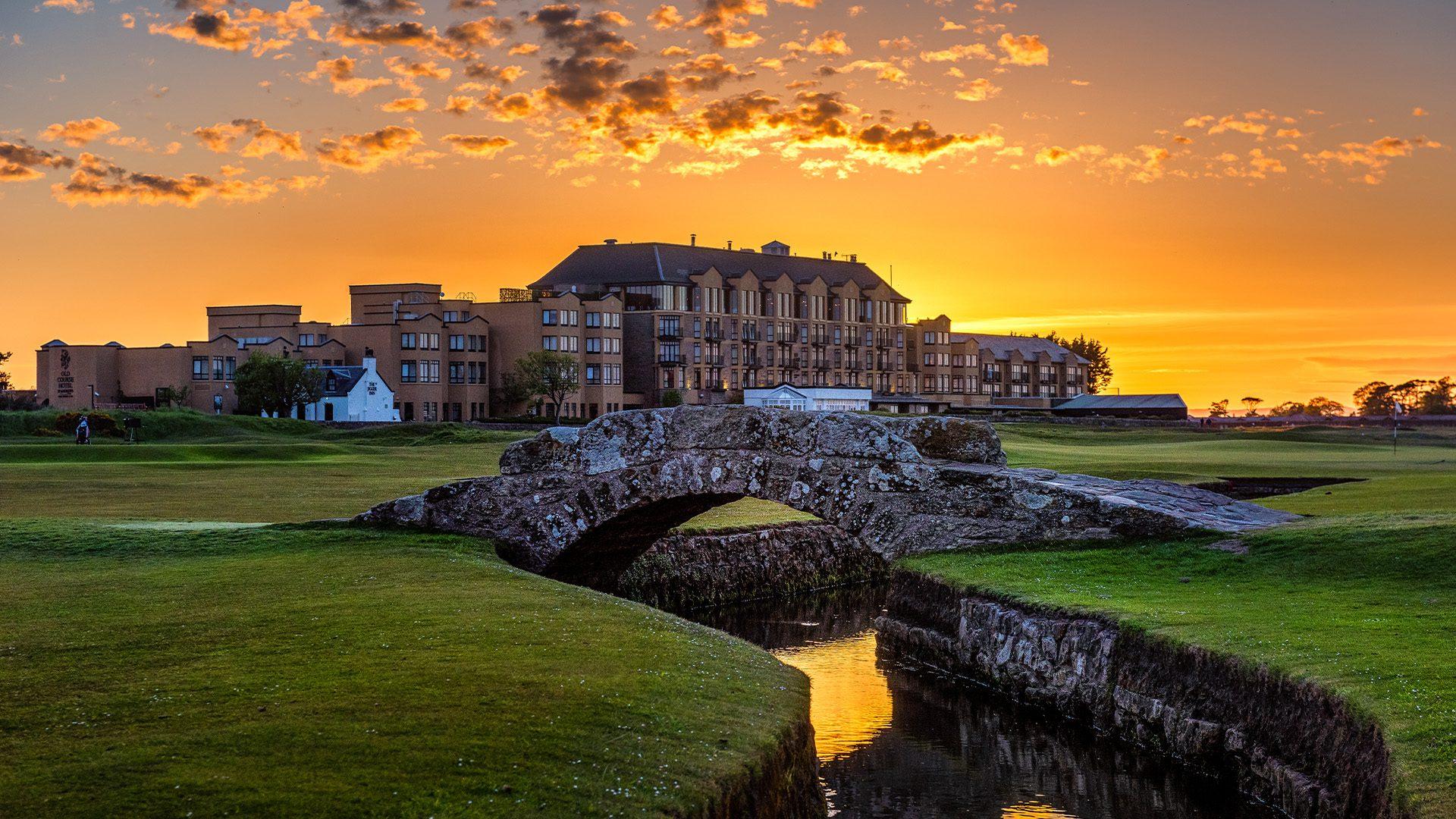 St Andrews Links resort overlooking the green with a stone bridge to navigate the river