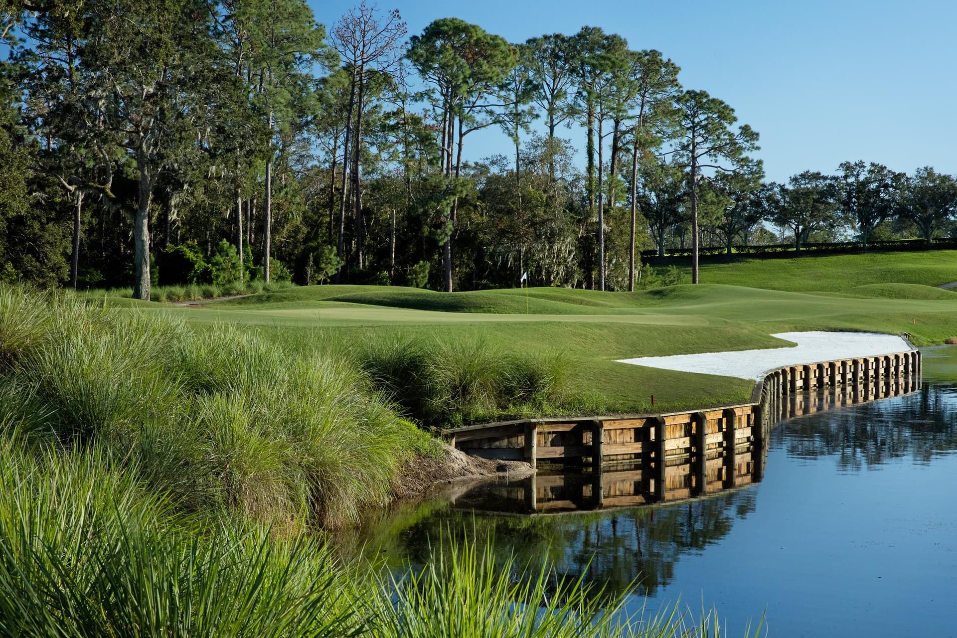 A green next to a a water hazard nestled with a and bunker under clear blue skies
