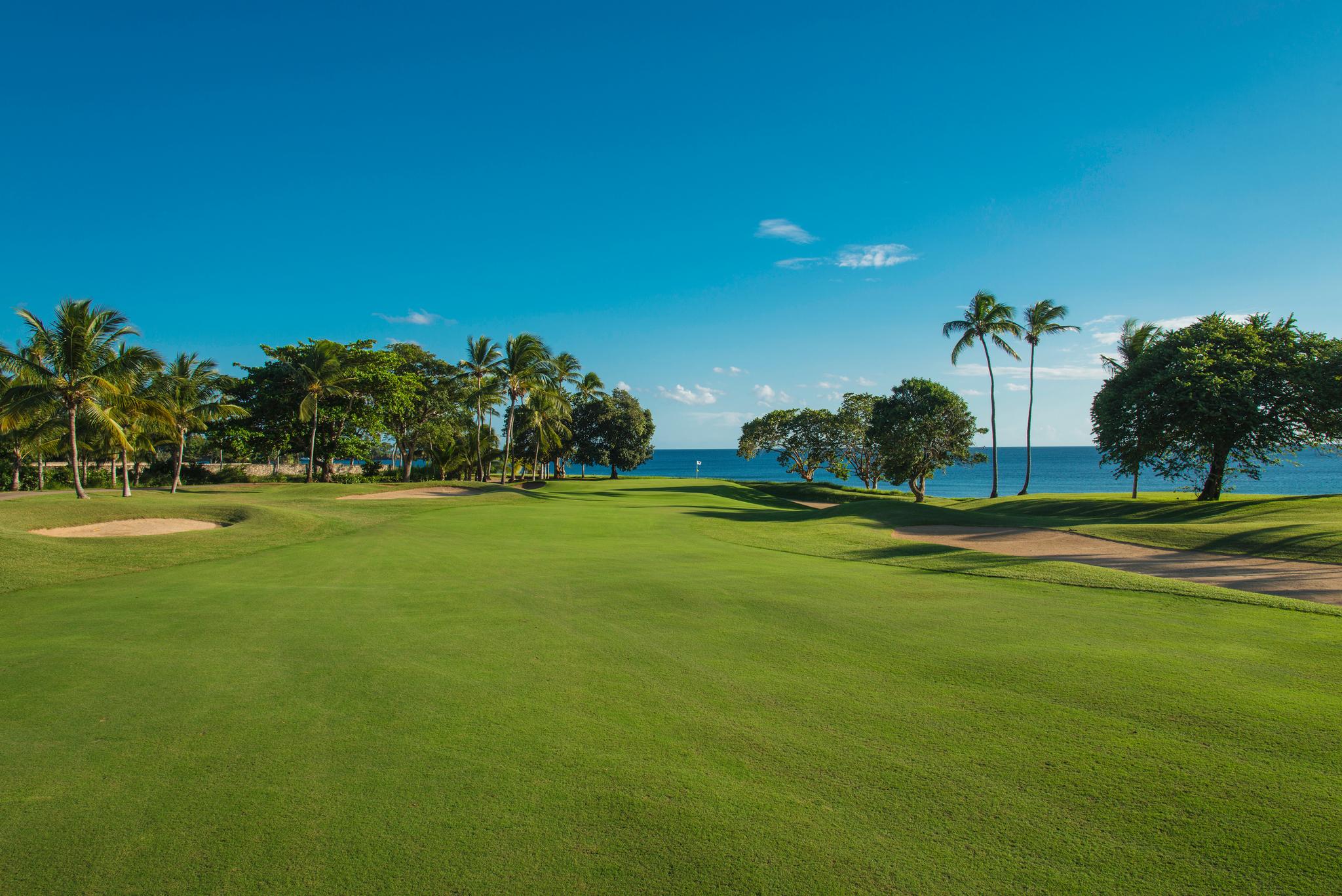 A wide fairway with coastal views