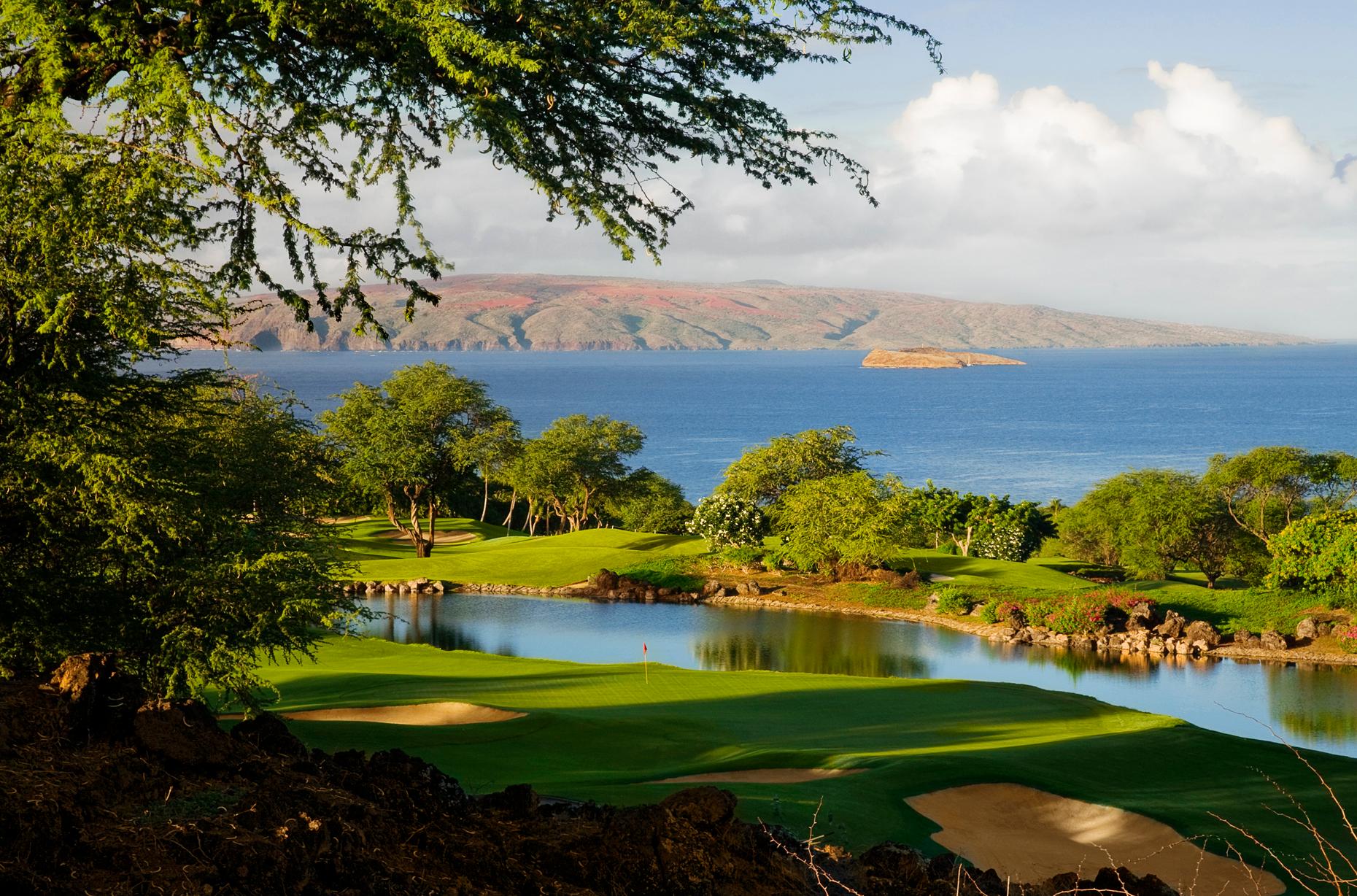 Green with large water hazard in front