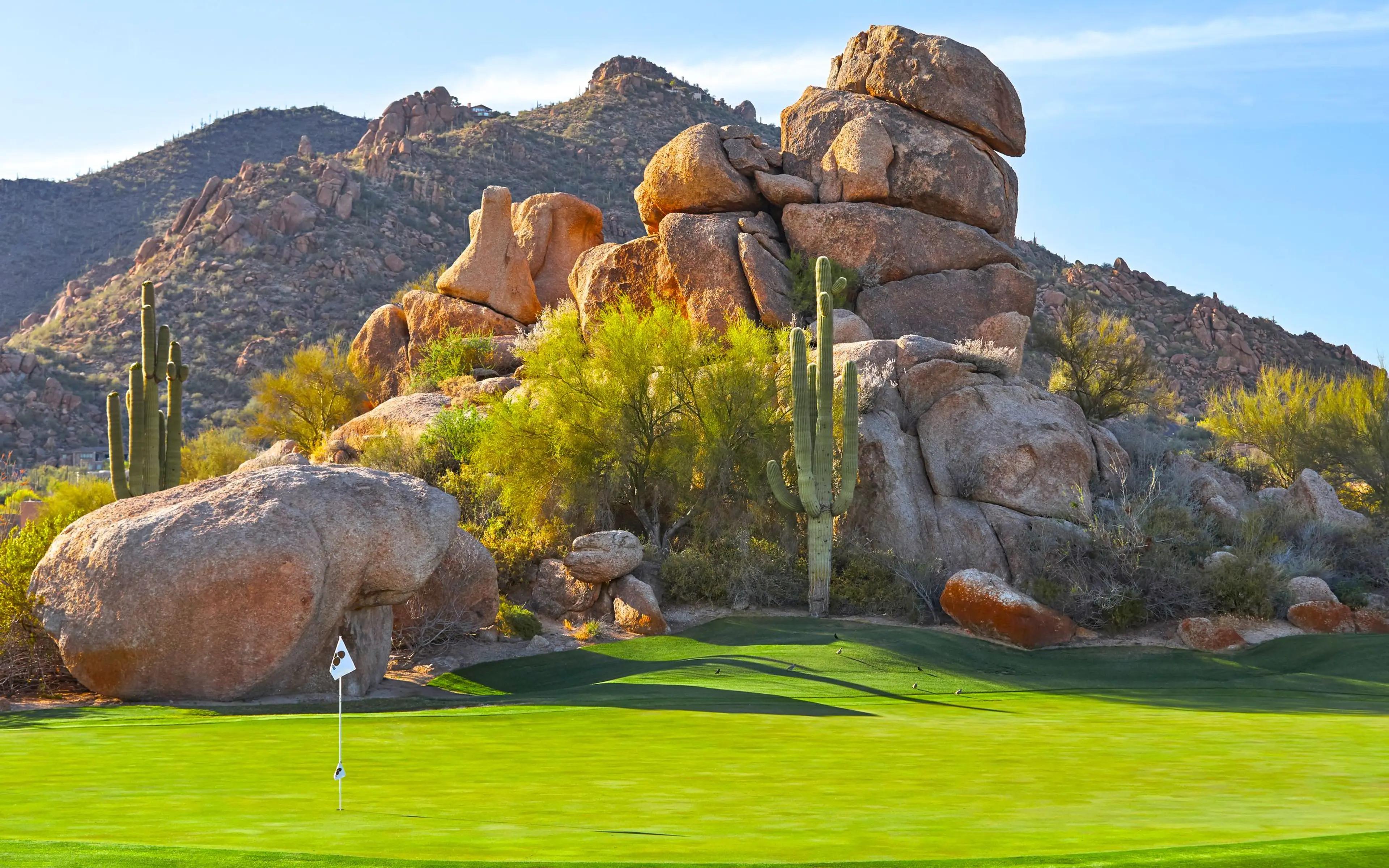 Well-maintained green with a white flagstick surrounded by cacti and rock sculptures