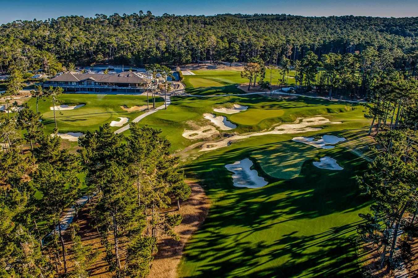 Aerial view of the Poppy Hills course showing its smooth greens and grand clubhouse