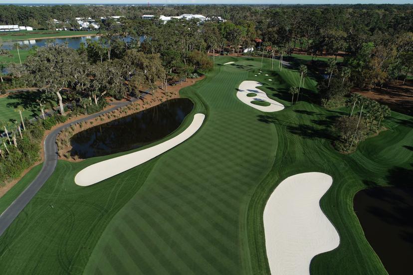 Birdseye view of The Players Stadium Course with its large sand bunkers and wide fairways