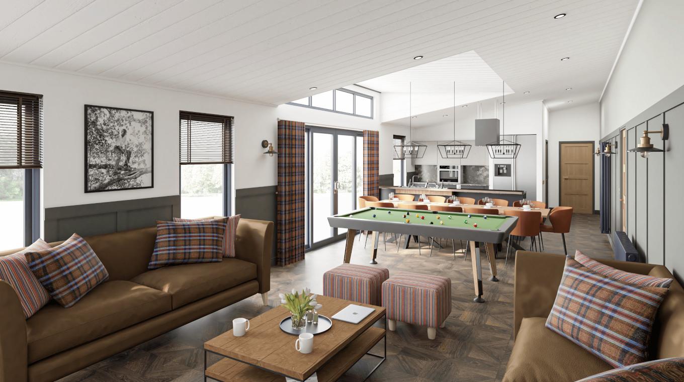 Spacious living room featuring a pool table placed between the living room and dining table