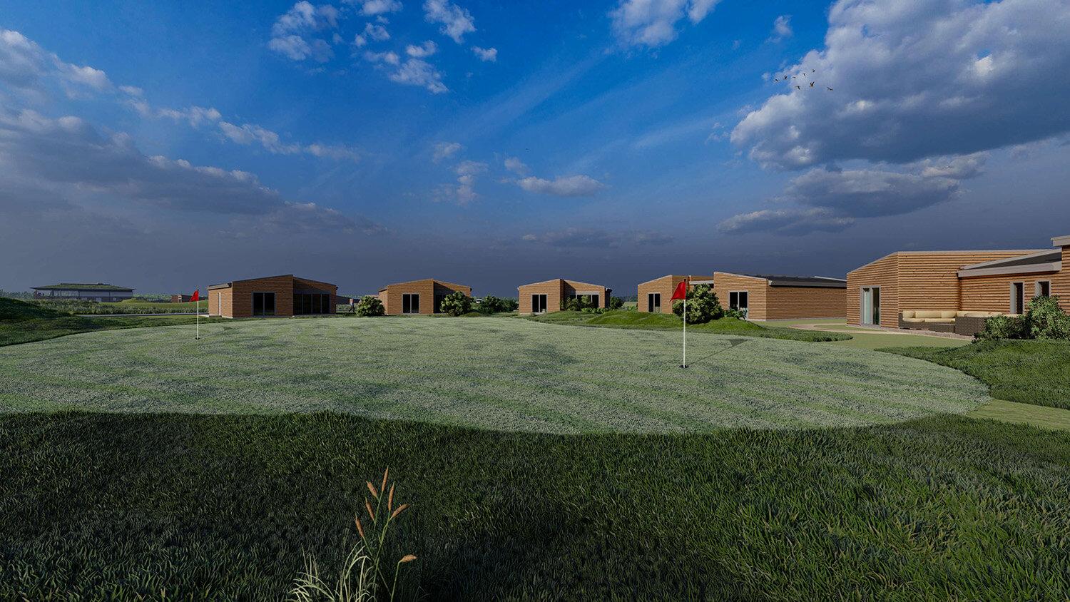 Lodges surrounding well-maintained green at the course with its clubhouse in the distance under blue skies