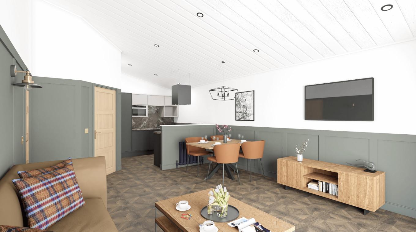 Sitting room as part of a lodge at the Dundonald resort with sofa, smart TV, dining table and kitchen