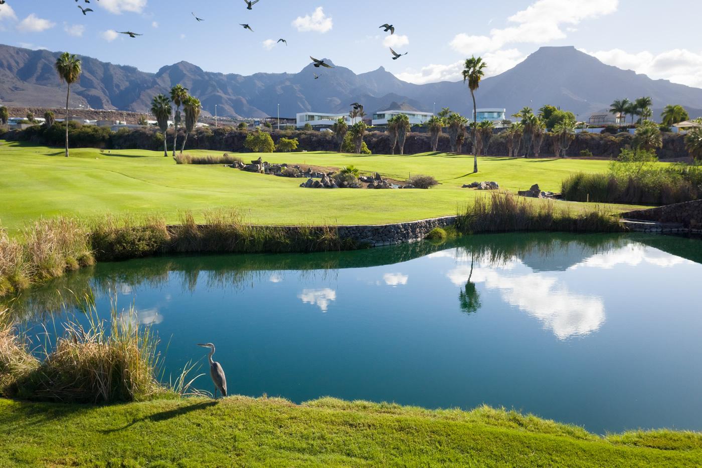 Well manicured fairways, water hazard and mountains in the background