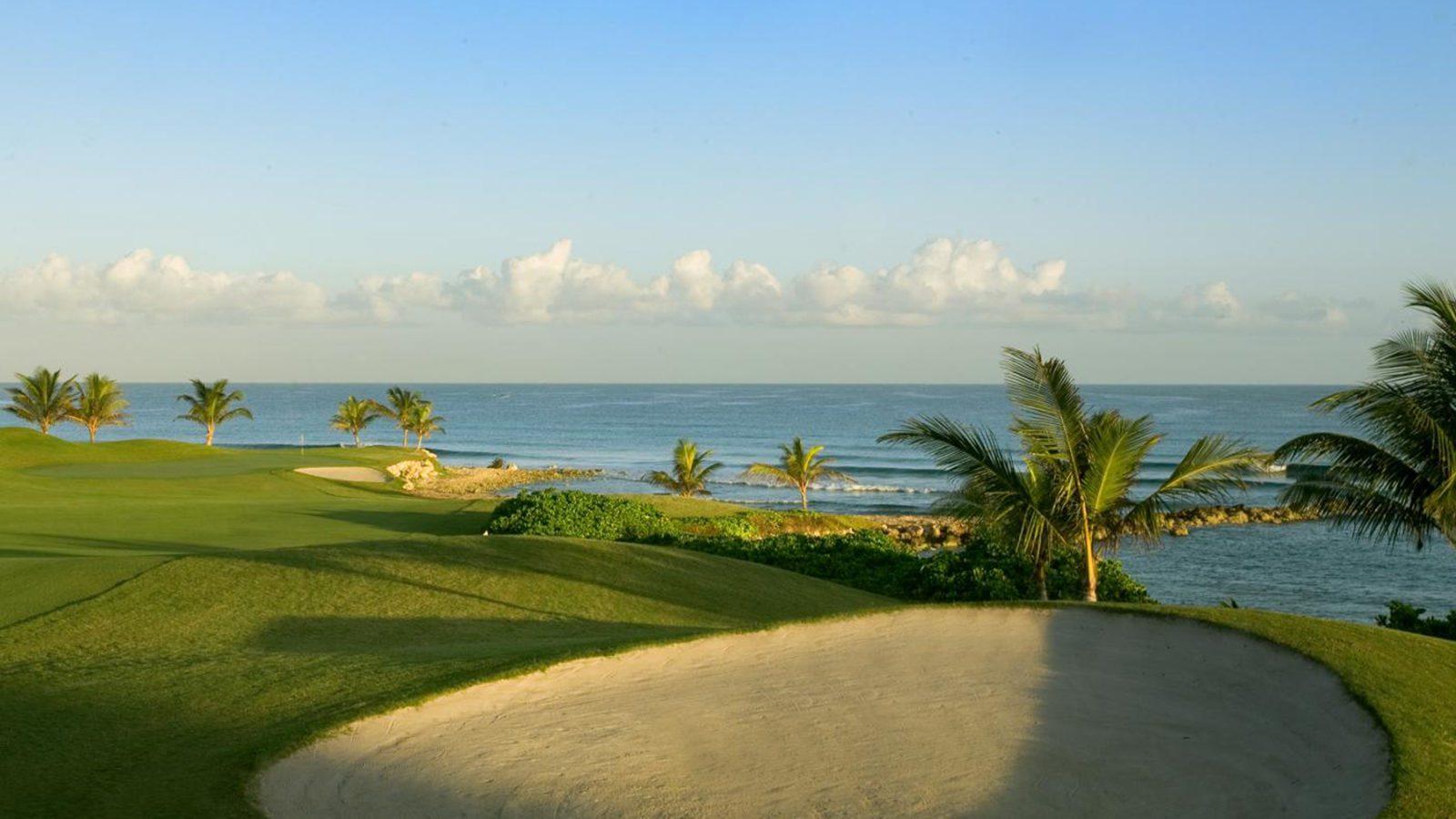 A stunning oceanfront golf hole framed by palm trees and crashing waves.