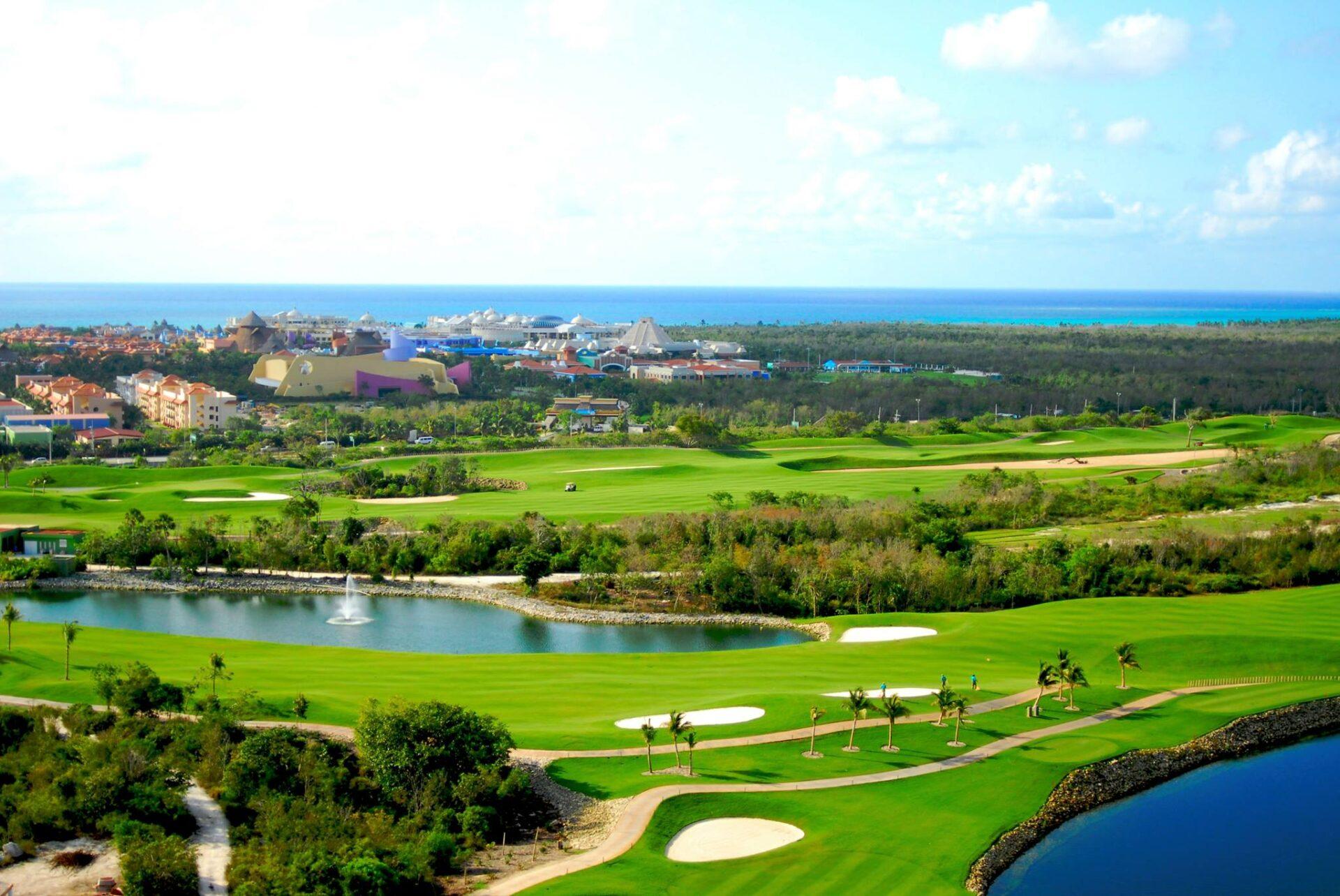 Aerial panoramic view of the Iberostar Playa Paraiso Golf Club with their hotel in the background