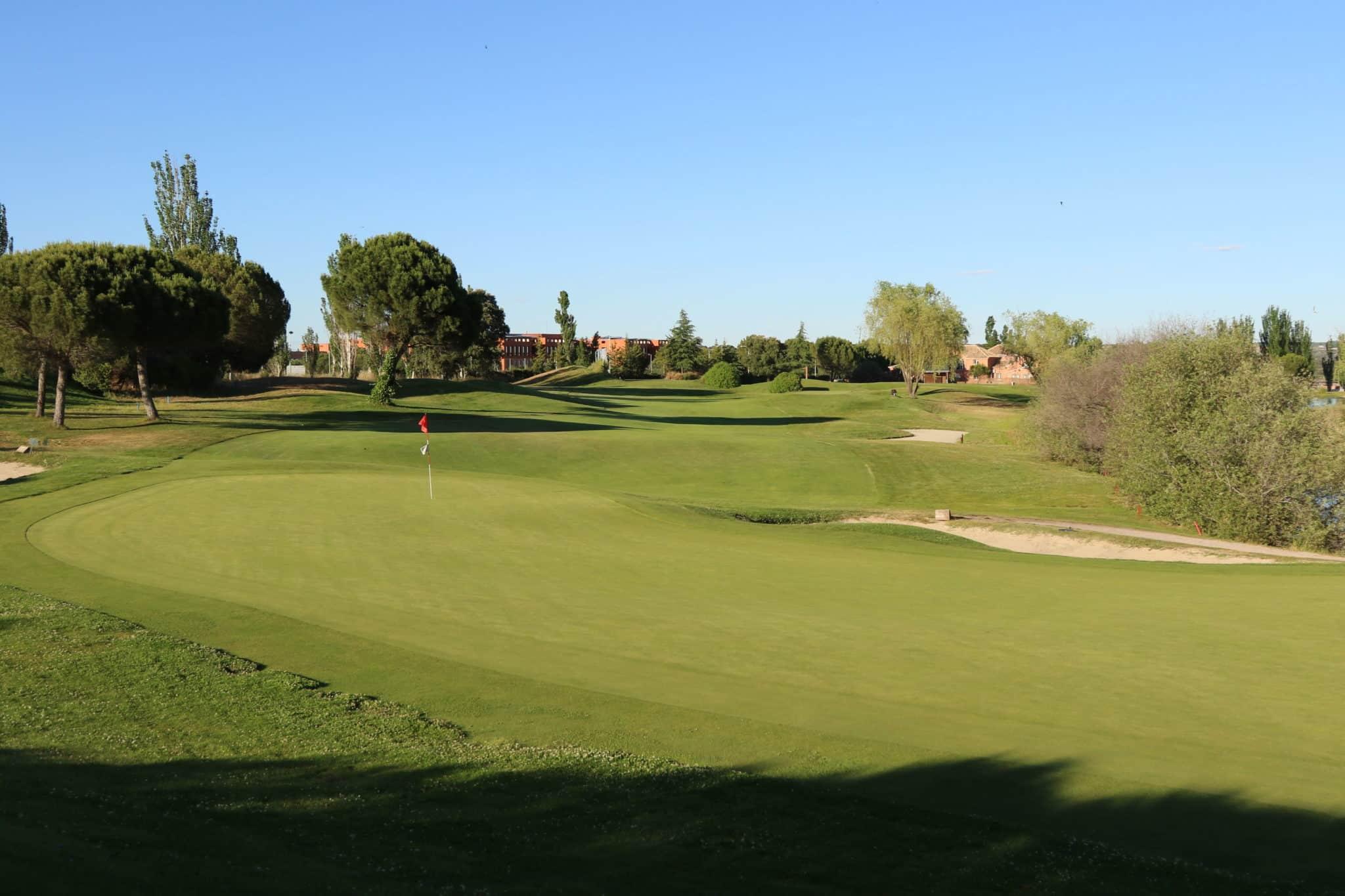 A fairway with rolling greens and sand bunkers, framed by trees and distant buildings
