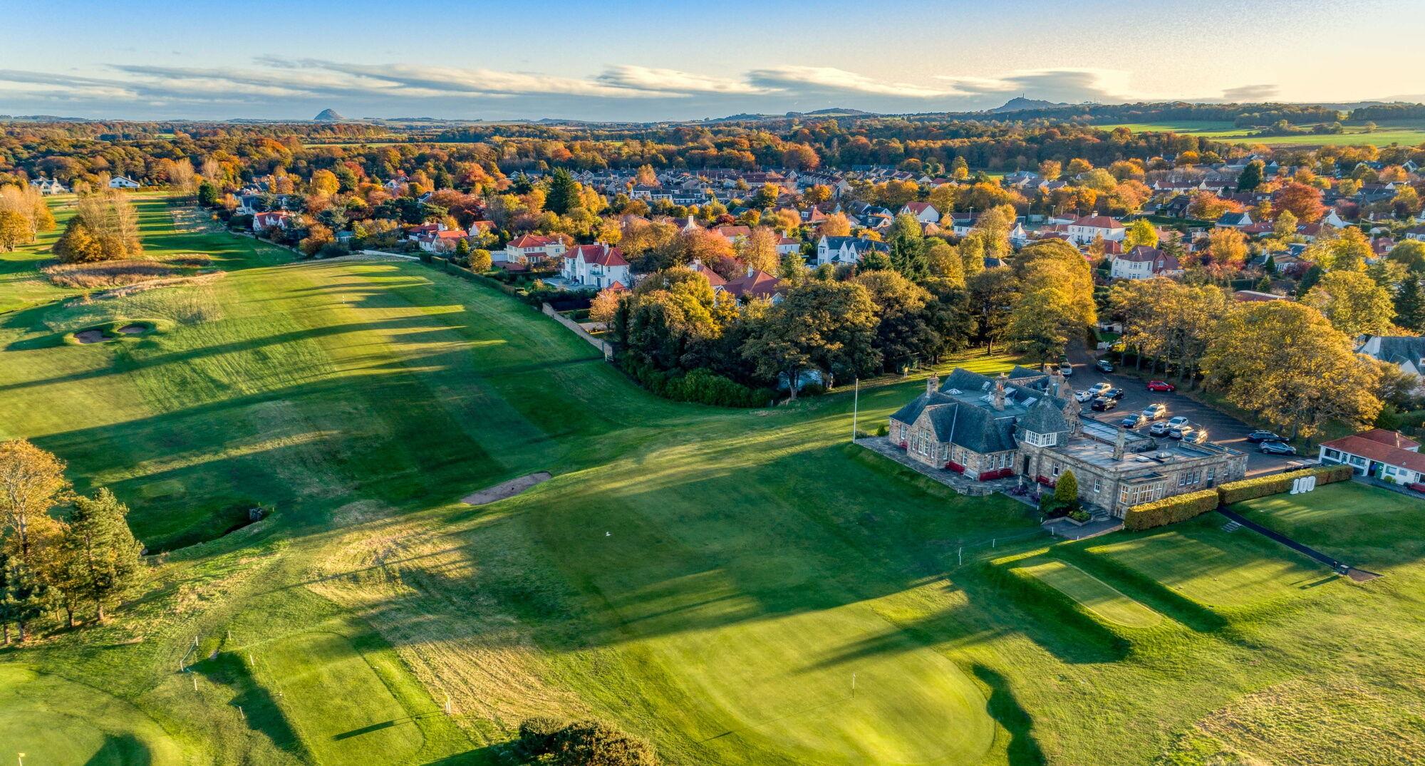 Birds eye view of the Longniddry golf course with wide fairways neighbouring local town