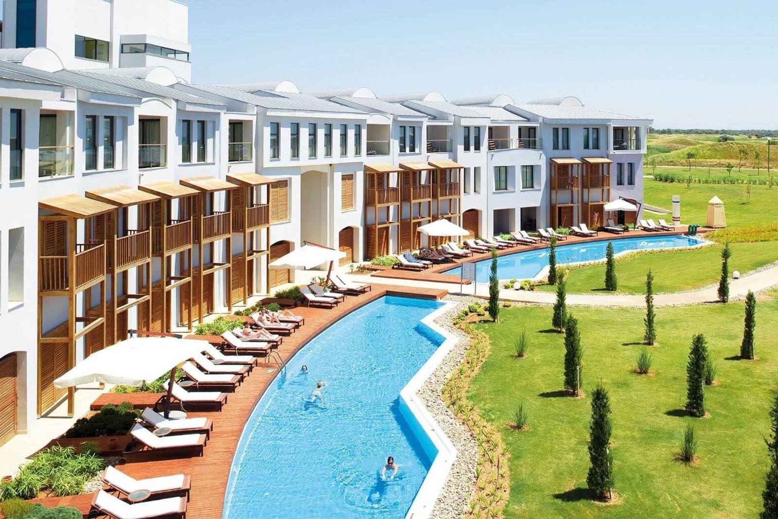 Swimming pool backing on to guest rooms