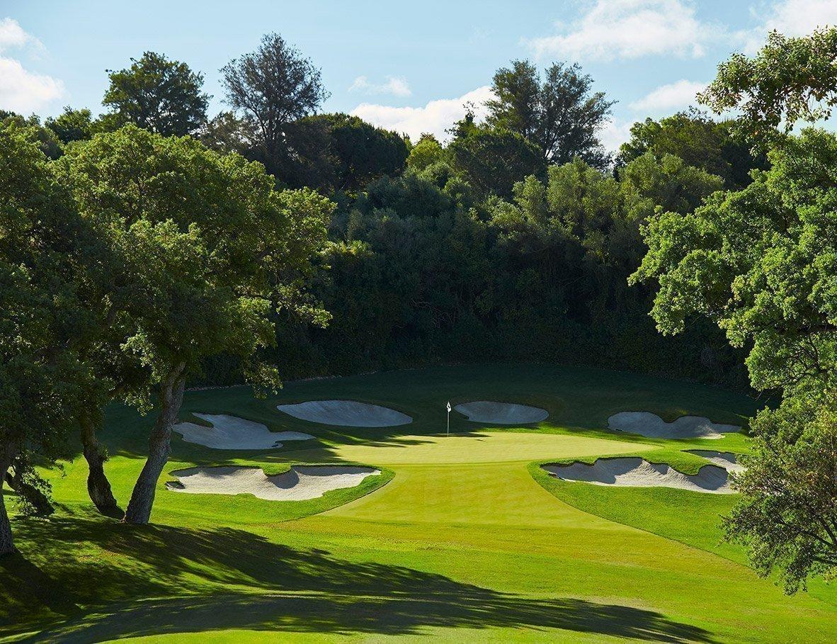 Tree-lined approach to a green surrounded by bunkers