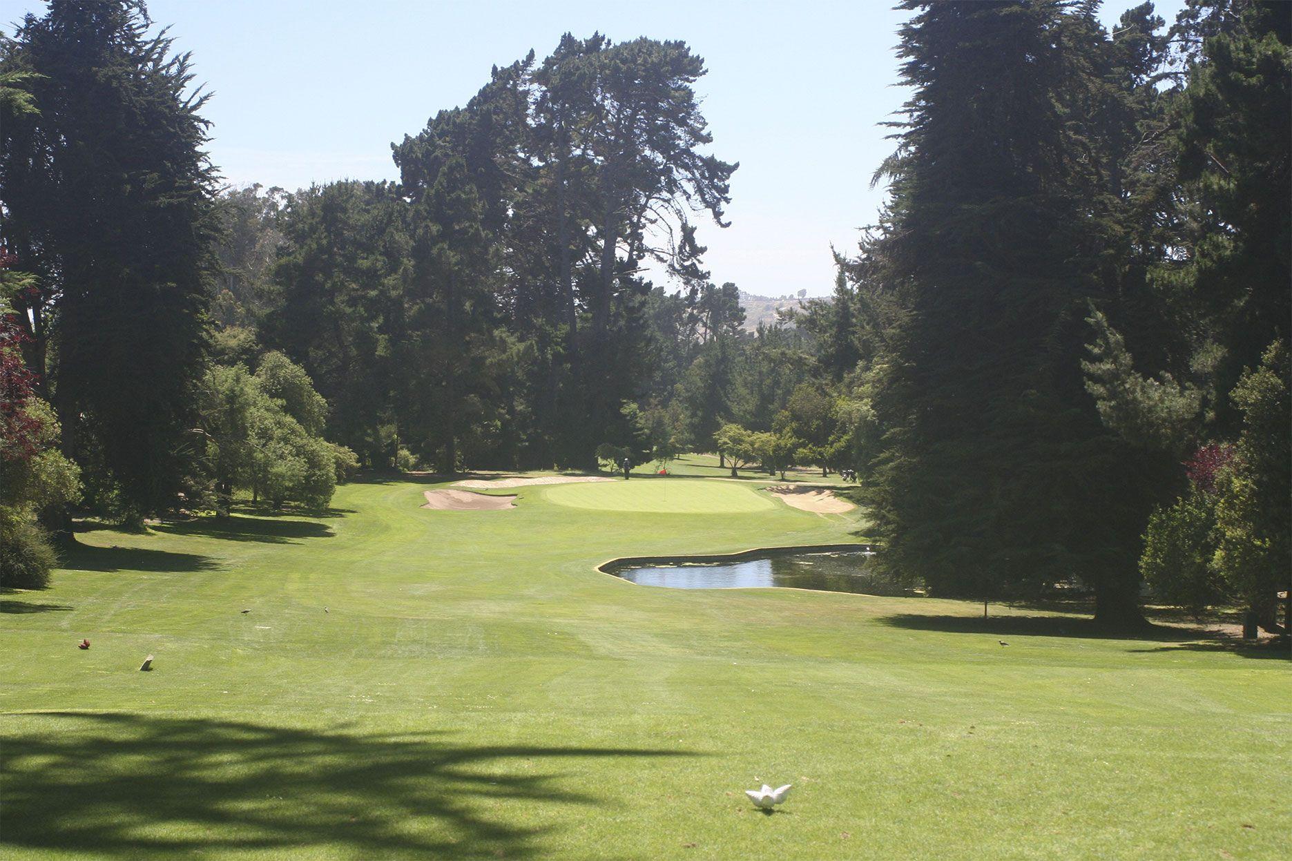 A winding fairway leading to a smooth green surrounded by forest trees