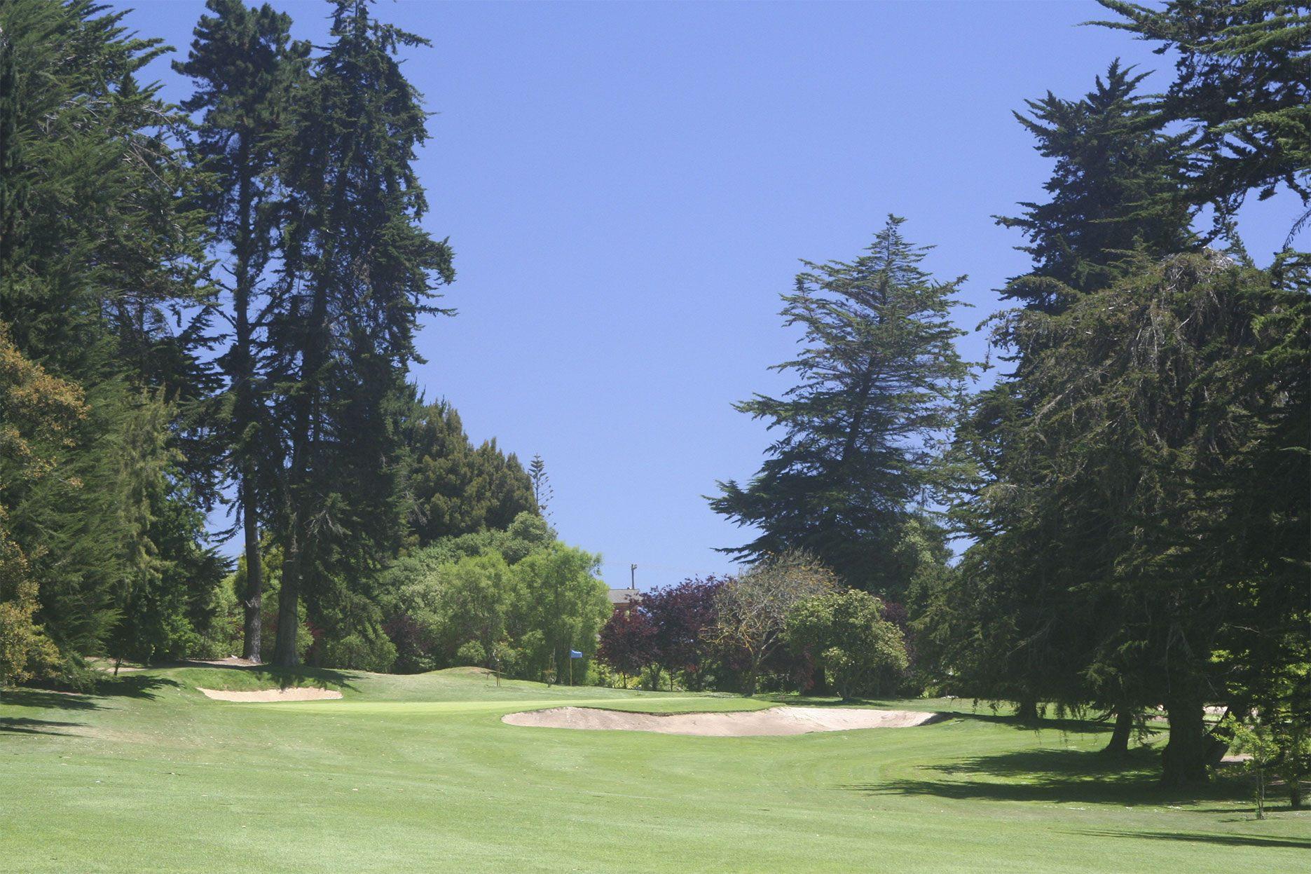 A smooth green next to strategically placed sand bunker