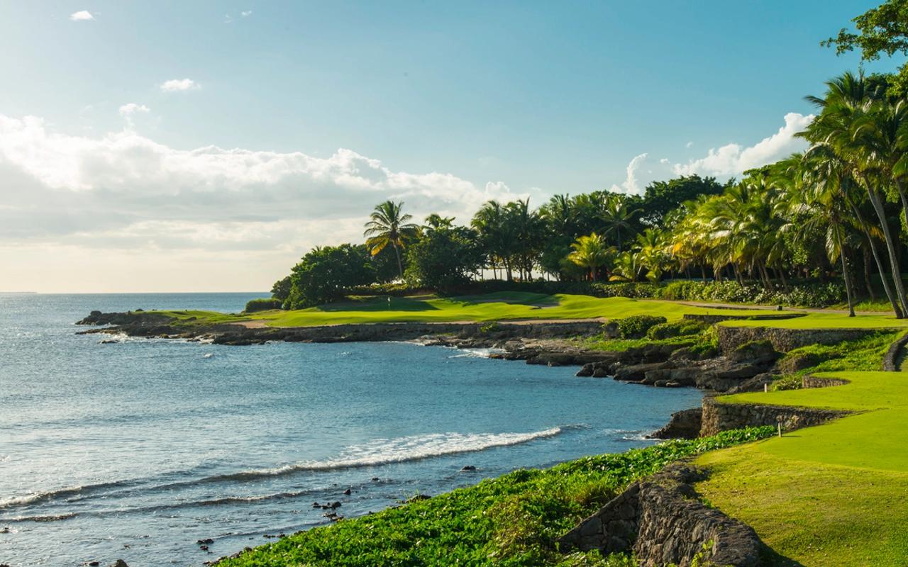 A narrow fairway lined with trees leading to a well-kept green