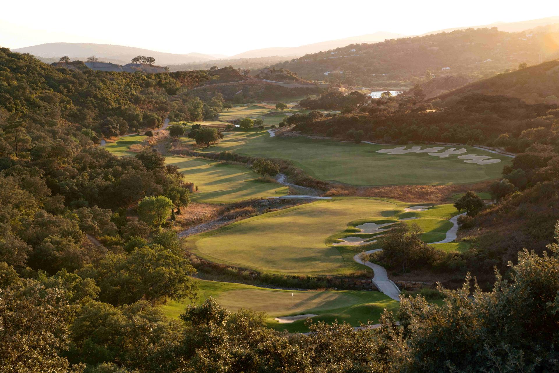 Tree-lined fairway with S-shaped stream running through it, leading up to the green
