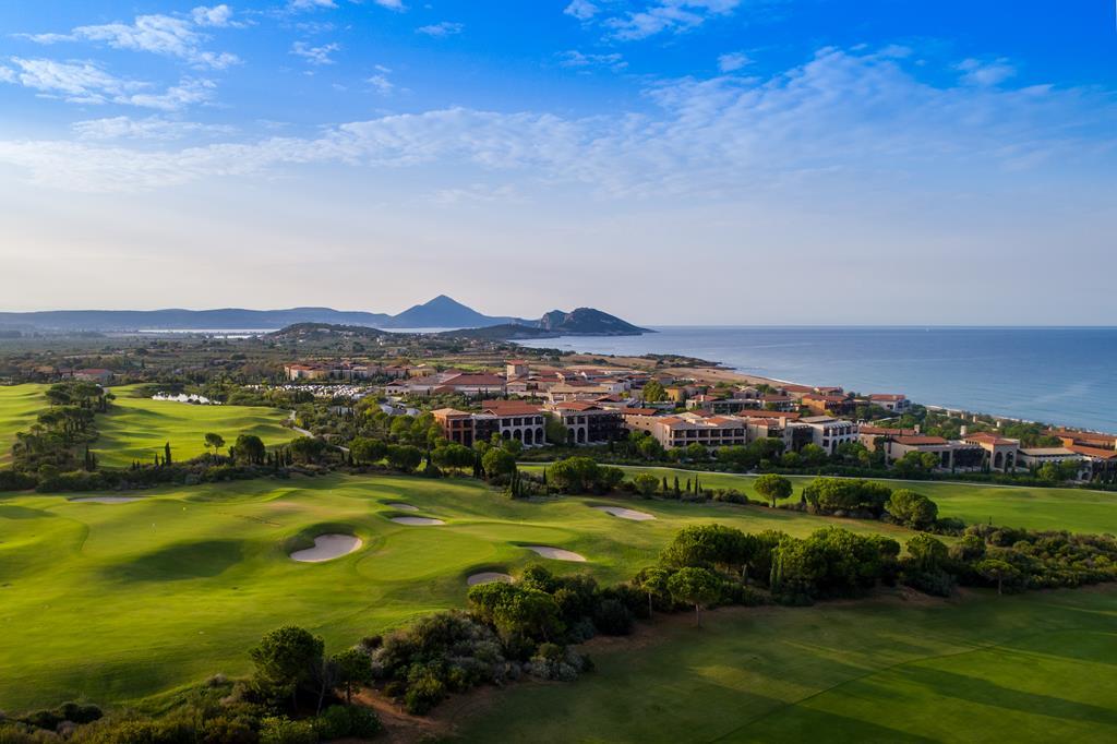 Aerial view of the golf course at The Westin Resort Costa Navarino with their resort buildings in the back