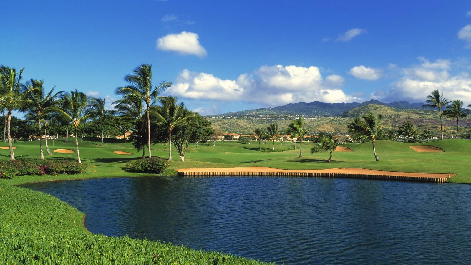 Large water hazard in the foreground with palm trees around